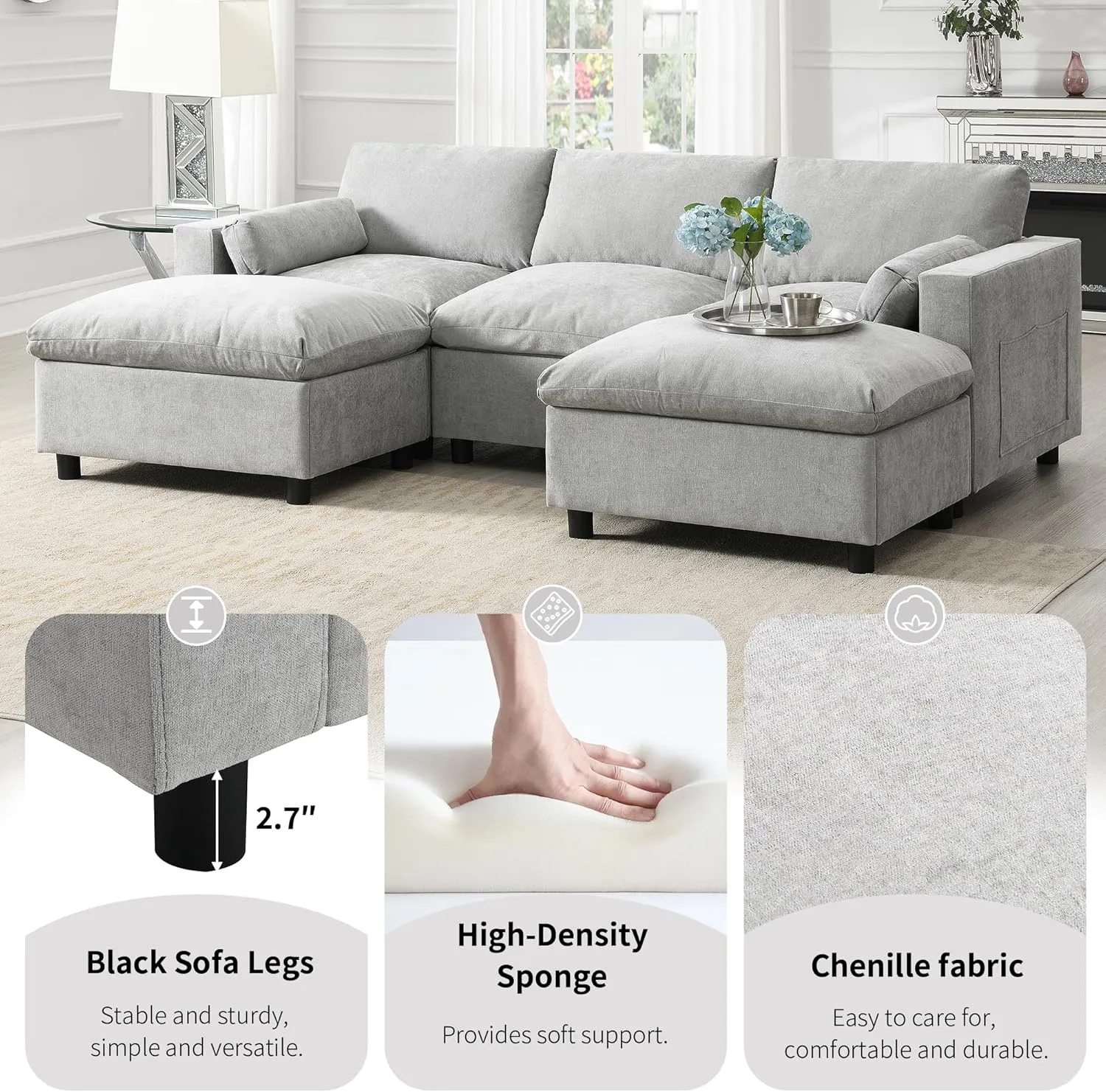 Merax 86.5" Sectional Sofa with Storage Pockets & Removable Ottomans, 5 Seat U Shaped Sleeper Cloud Couch Set, Convertible L-Shaped Chenille Upholstered SofaBed for Living Room and Apartment, Grey