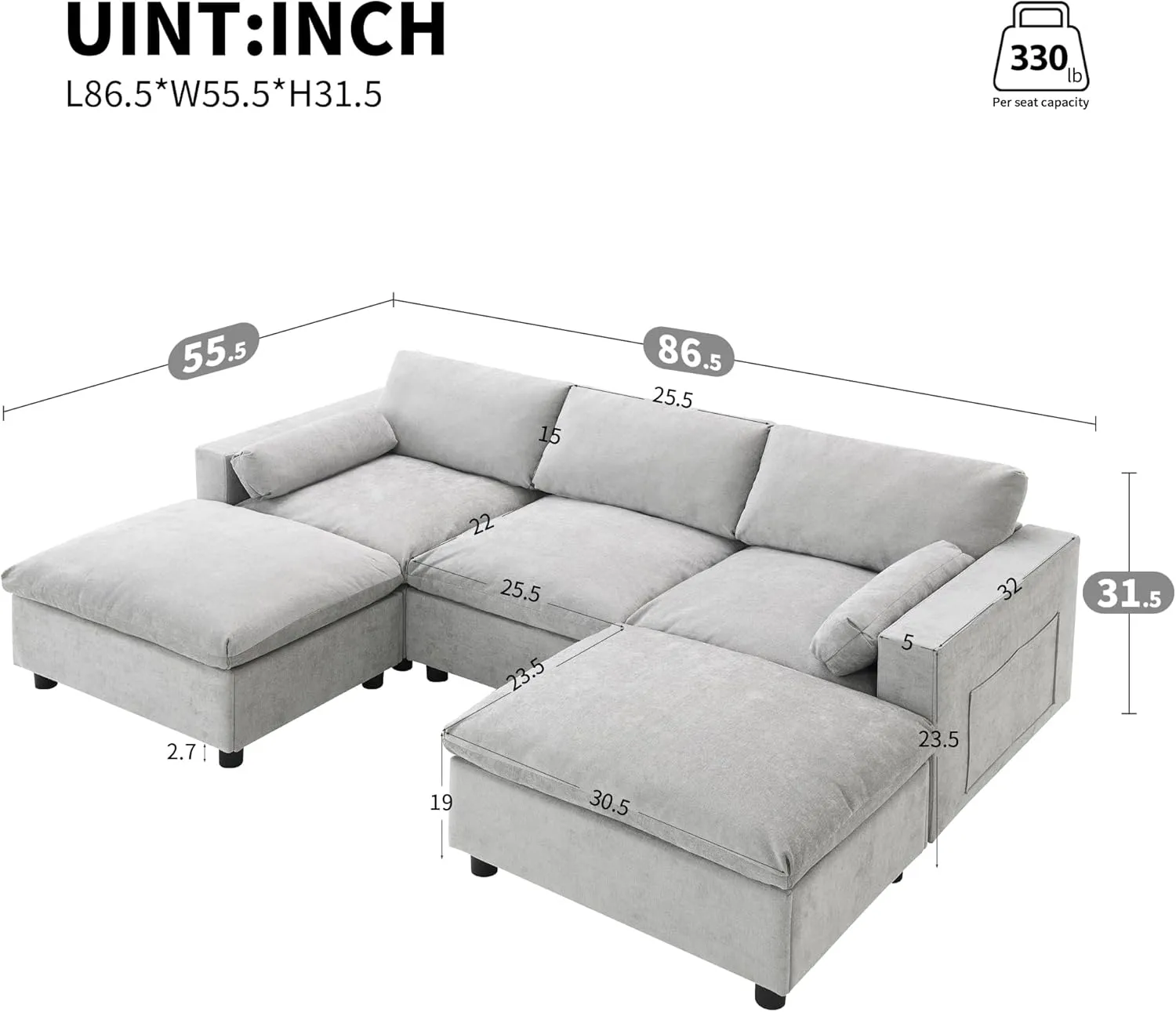 Merax 86.5" Sectional Sofa with Storage Pockets & Removable Ottomans, 5 Seat U Shaped Sleeper Cloud Couch Set, Convertible L-Shaped Chenille Upholstered SofaBed for Living Room and Apartment, Grey