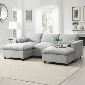 Merax 86.5" Sectional Sofa with Storage Pockets & Removable Ottomans, 5 Seat U Shaped Sleeper Cloud Couch Set, Convertible L-Shaped Chenille Upholstered SofaBed for Living Room and Apartment, Grey