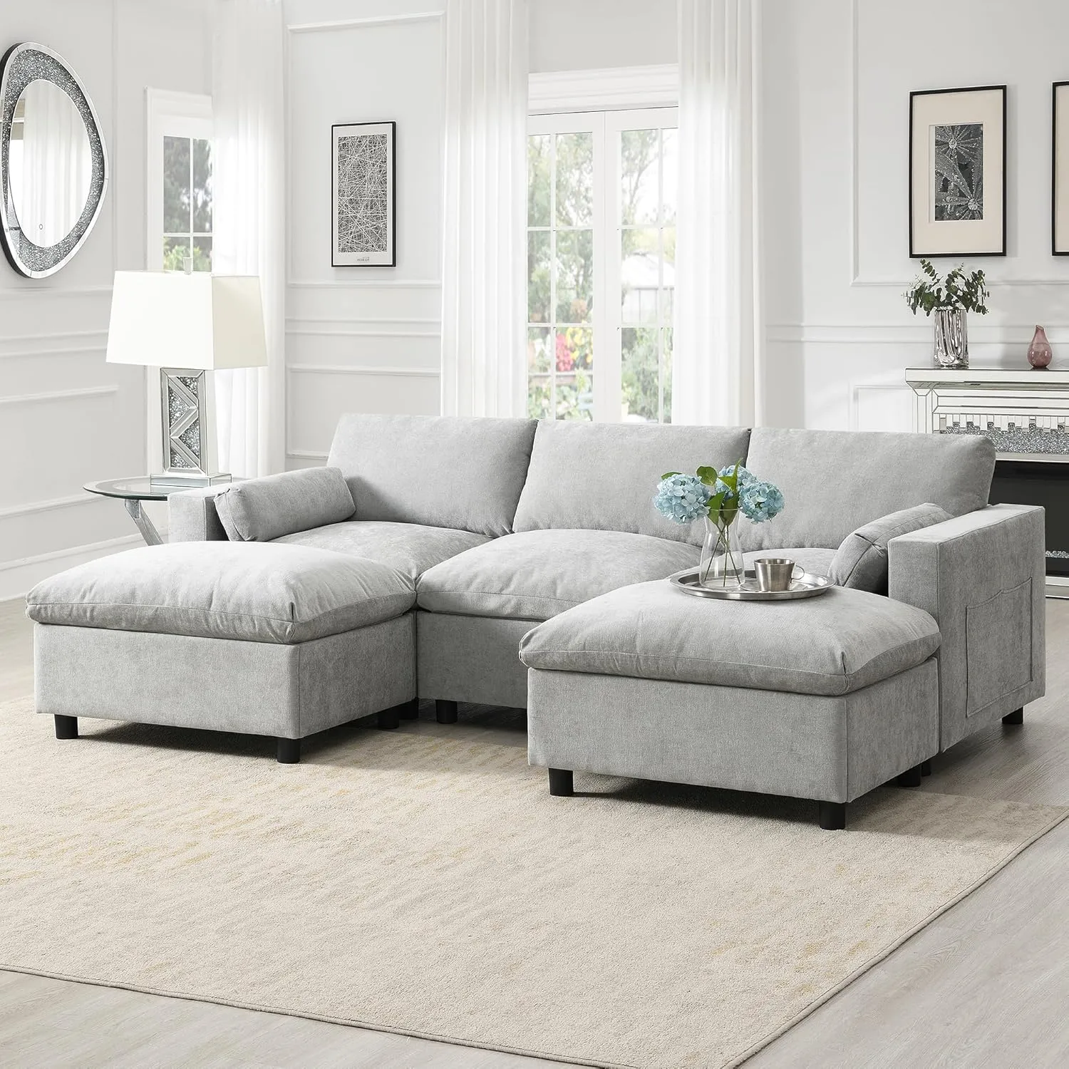 Merax 86.5" Sectional Sofa with Storage Pockets & Removable Ottomans, 5 Seat U Shaped Sleeper Cloud Couch Set, Convertible L-Shaped Chenille Upholstered SofaBed for Living Room and Apartment, Grey