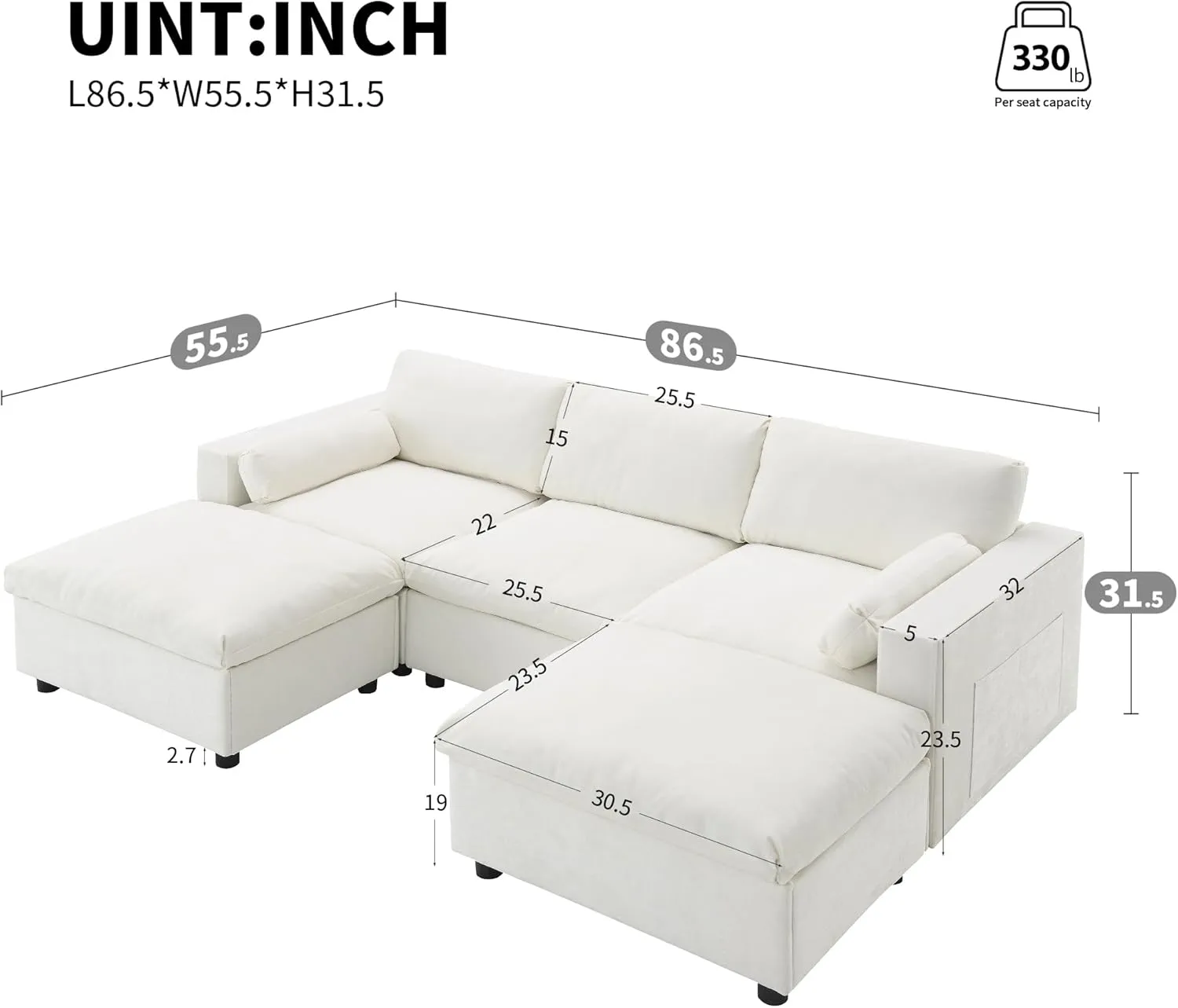 Merax 86.5" Sectional Sofa with Storage Pockets & Removable Ottomans, Cream 5 Seat U Shaped Sleeper Cloud Couch Set, Convertible L-Shaped Upholstered SofaBed for Living Room and Apartment, White
