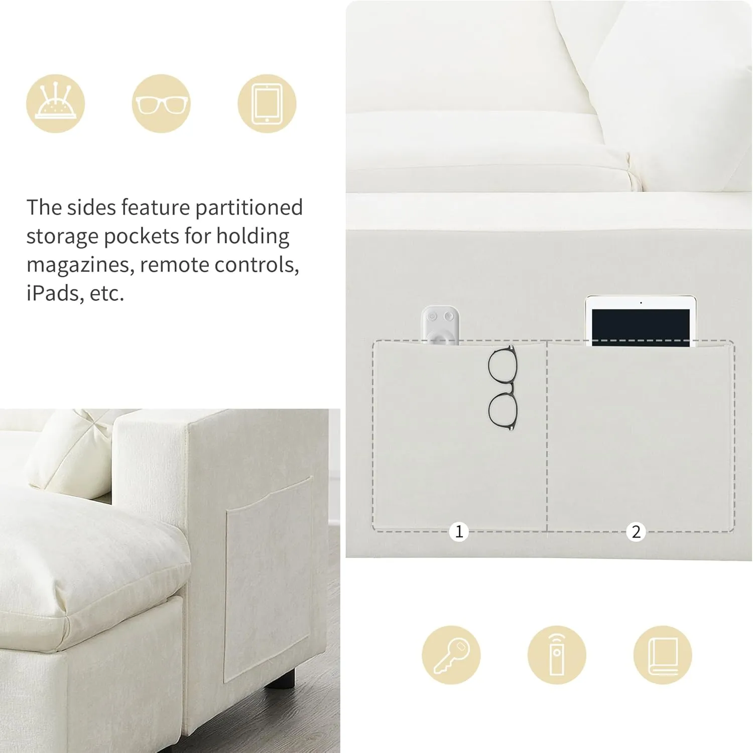 Merax 86.5" Sectional Sofa with Storage Pockets & Removable Ottomans, Cream 5 Seat U Shaped Sleeper Cloud Couch Set, Convertible L-Shaped Upholstered SofaBed for Living Room and Apartment, White