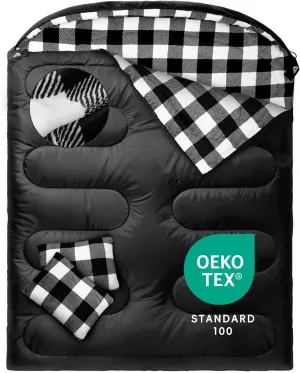 MEREZA Flannel Double Sleeping Bag for Adults Cold Weather, XL Queen Size Sleeping Bag for All Season 2 Person Big and Tall Sleeping Bags for Camping 0 Degree with Pillow