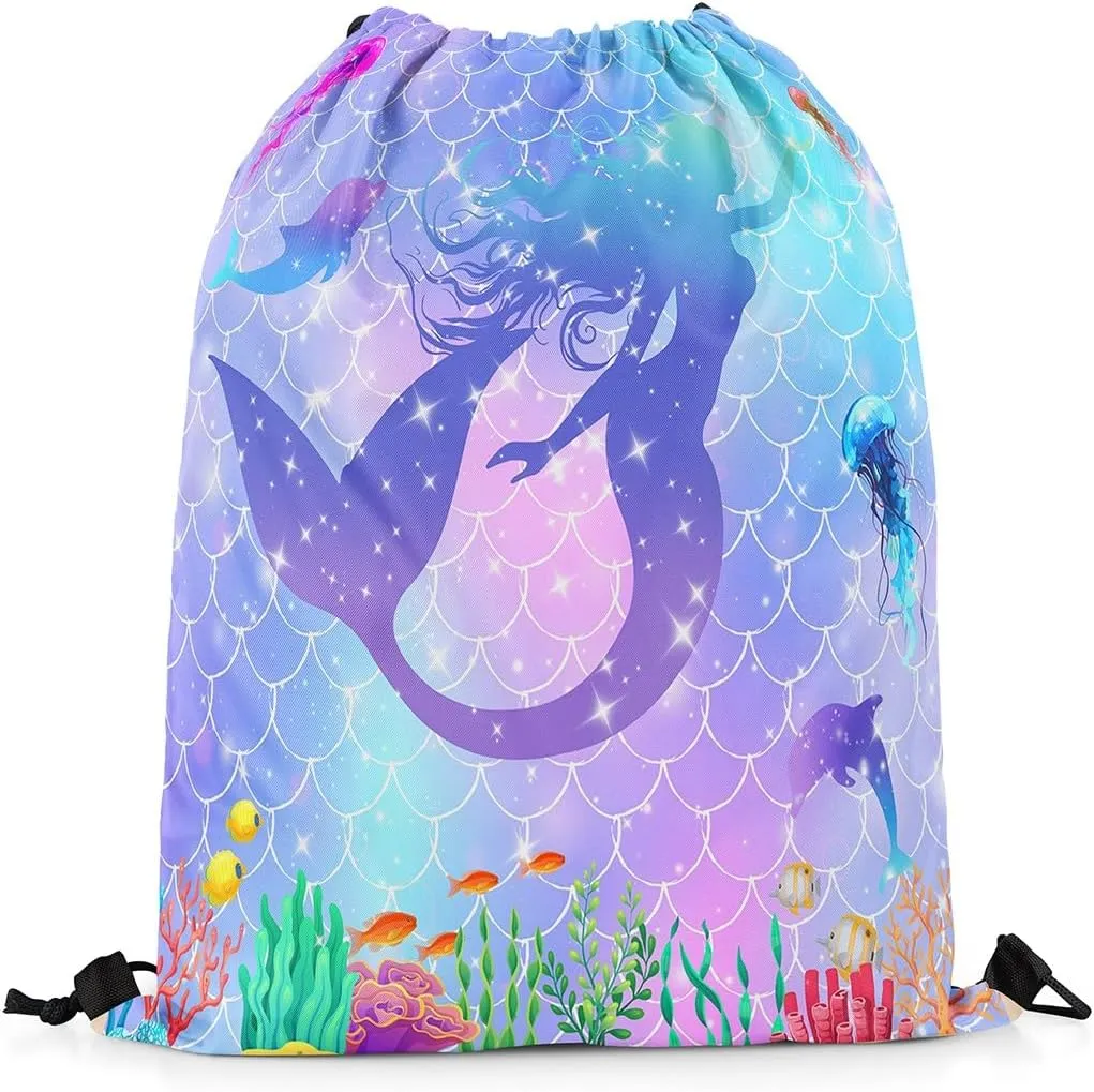 Mermaid Drawstring Backpack,Underwater World Ocean Dolphin Jellyfish String Bag,Teal Purple Gradient Fish Scale Sackpack for Sport Camping,Waterproof Reversible 13X15.7,Blue and Purple