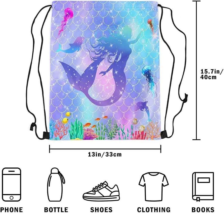 Mermaid Drawstring Backpack,Underwater World Ocean Dolphin Jellyfish String Bag,Teal Purple Gradient Fish Scale Sackpack for Sport Camping,Waterproof Reversible 13X15.7,Blue and Purple
