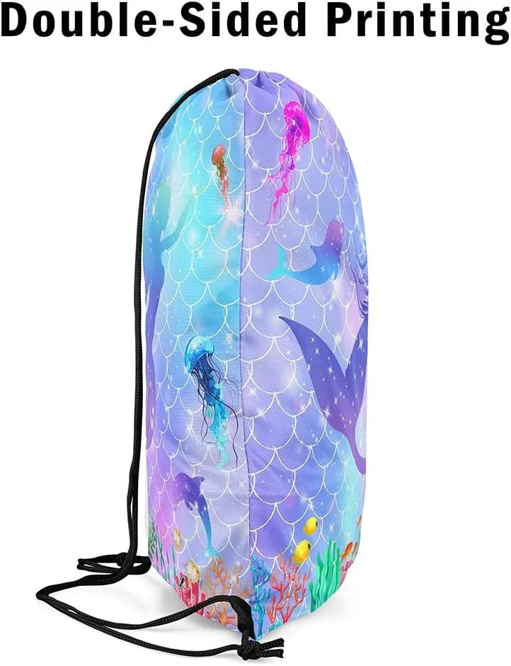 Mermaid Drawstring Backpack,Underwater World Ocean Dolphin Jellyfish String Bag,Teal Purple Gradient Fish Scale Sackpack for Sport Camping,Waterproof Reversible 13X15.7,Blue and Purple