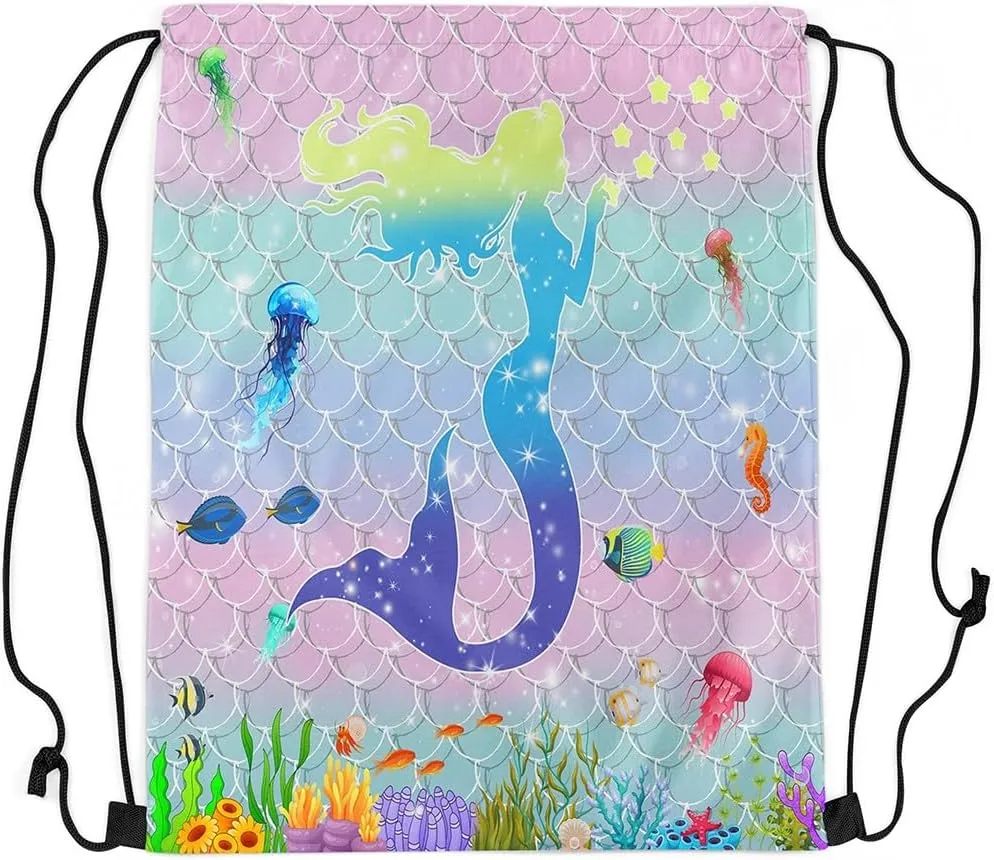 Mermaid Drawstring Backpack,Underwater World Ocean Dolphin Jellyfish String Bag,Teal Purple Gradient Fish Scale Sackpack for Sport Camping,Waterproof Reversible 13X15.7,Blue and Purple