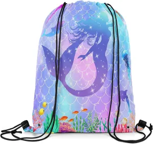 Mermaid Drawstring Backpack,Underwater World Ocean Dolphin Jellyfish String Bag,Teal Purple Gradient Fish Scale Sackpack for Sport Camping,Waterproof Reversible 13X15.7,Blue and Purple