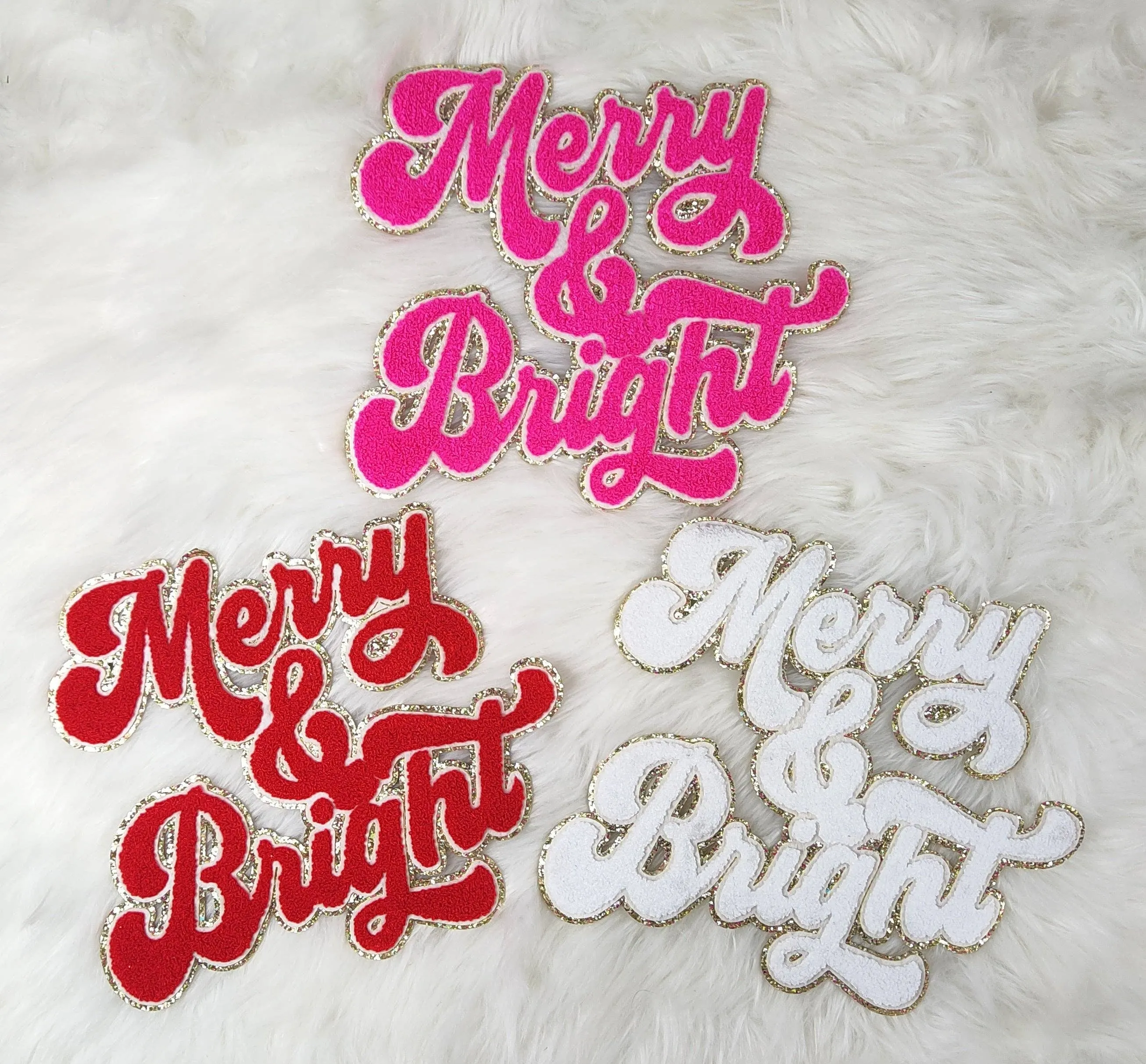 Merry  and Bright Chenille Sparkle Glitter Iron On Patch: Hot pink