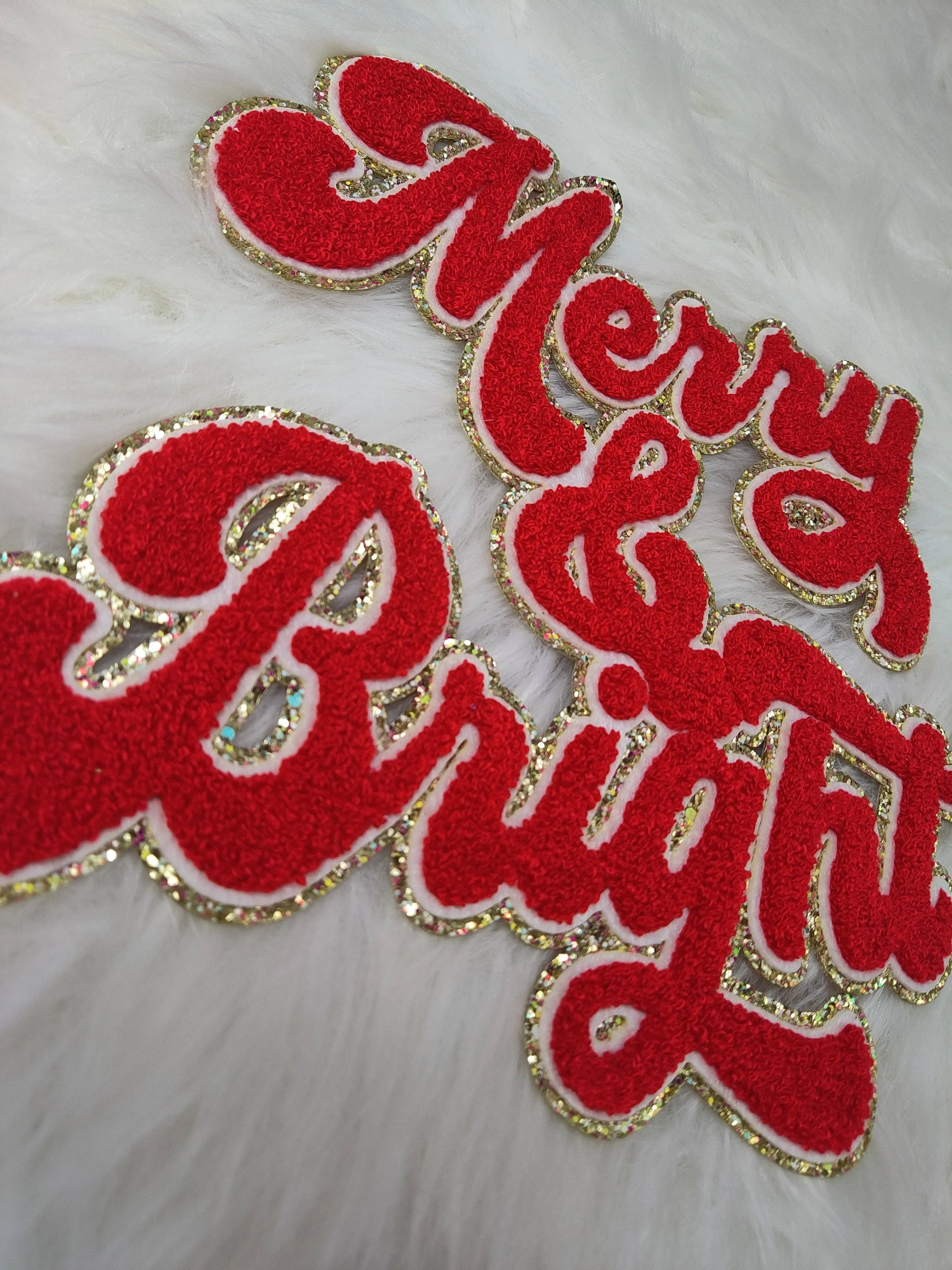 Merry  and Bright Chenille Sparkle Glitter Iron On Patch: Hot pink