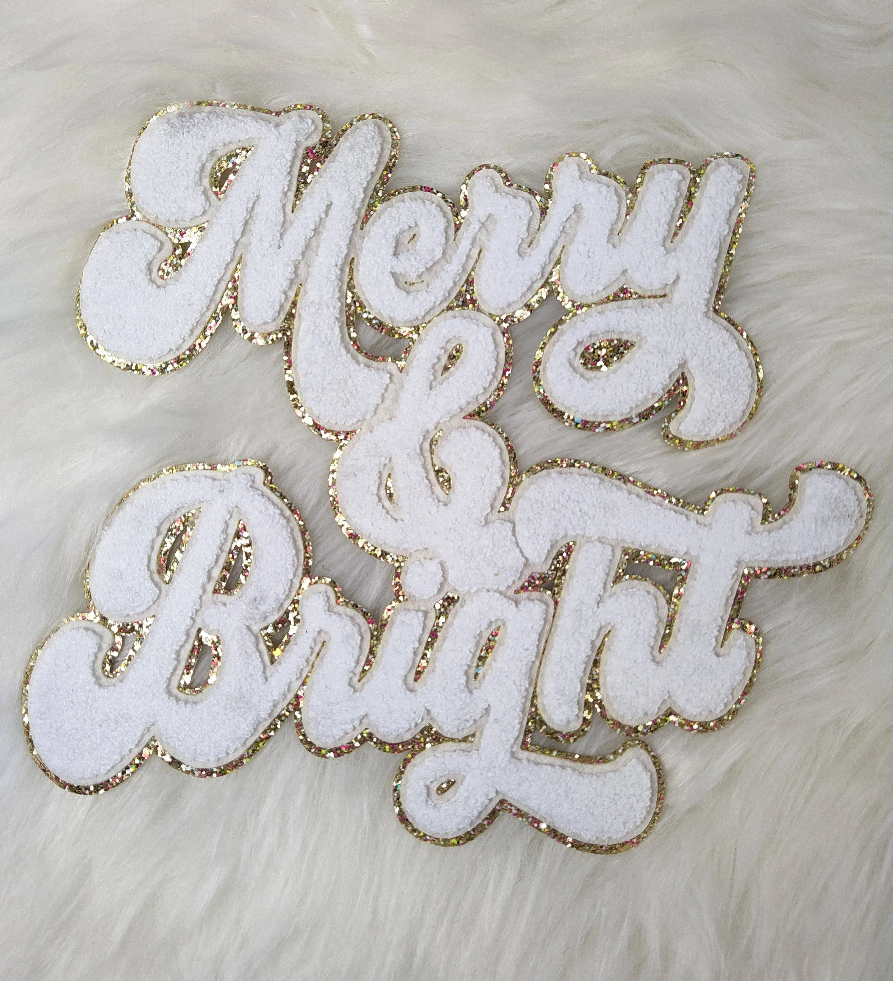 Merry  and Bright Chenille Sparkle Glitter Iron On Patch: Hot pink