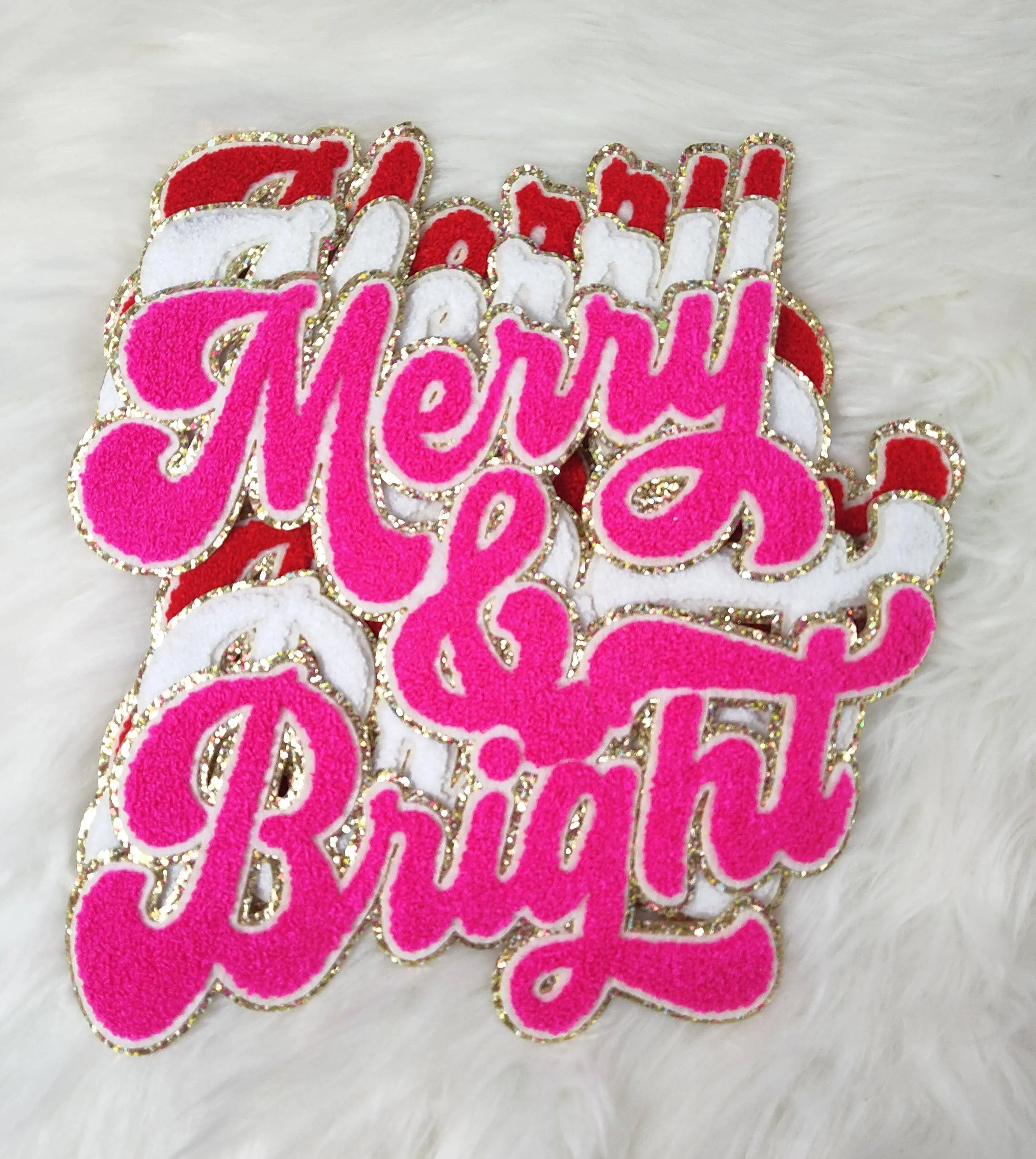 Merry  and Bright Chenille Sparkle Glitter Iron On Patch: Hot pink