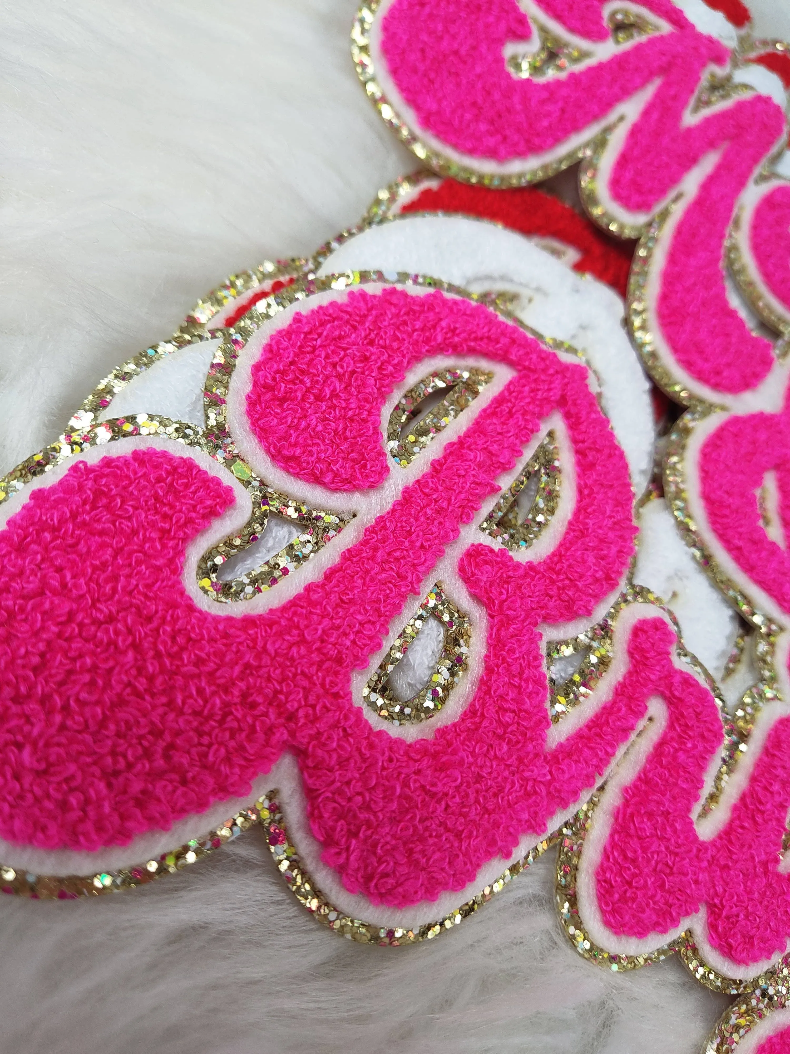 Merry  and Bright Chenille Sparkle Glitter Iron On Patch: Hot pink