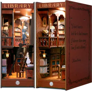 Miniature Library DIY Book Nook Kit for Adults, 3D Wooden Puzzle Bookend, Booknook Shelf Bookshelf Insert Diorama Decor, Book Lovers Gifts