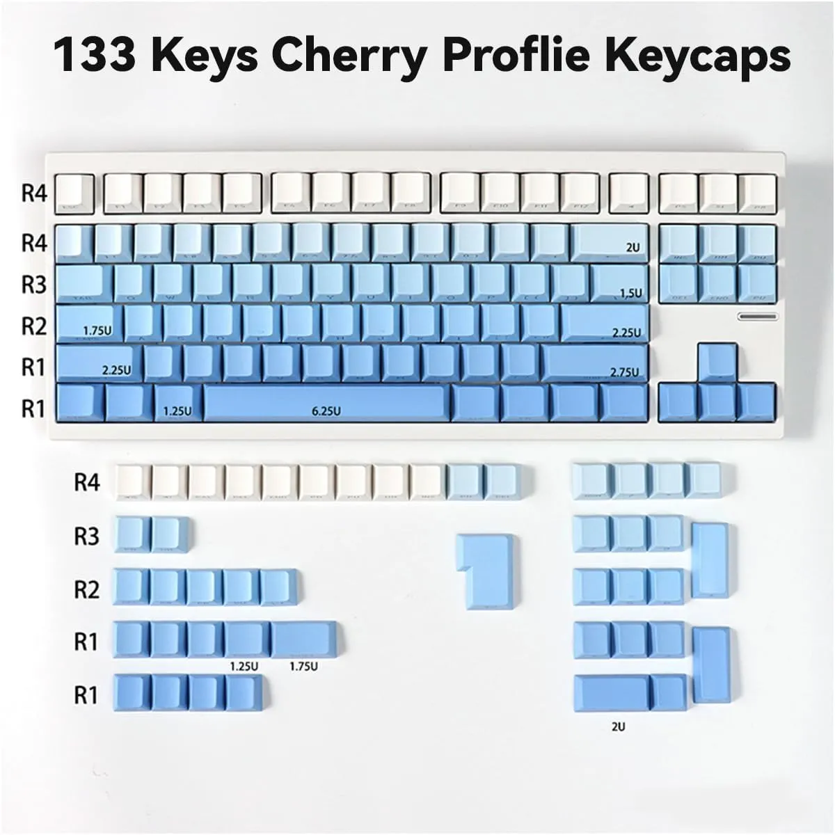 mintcaps PBT Doubleshot Gradient Blue Keycaps Cherry Profile Shine Through Keycap Set, 133 Keys Side Printed Custom Backlit Keycaps for Mechanical Gaming Keyboards