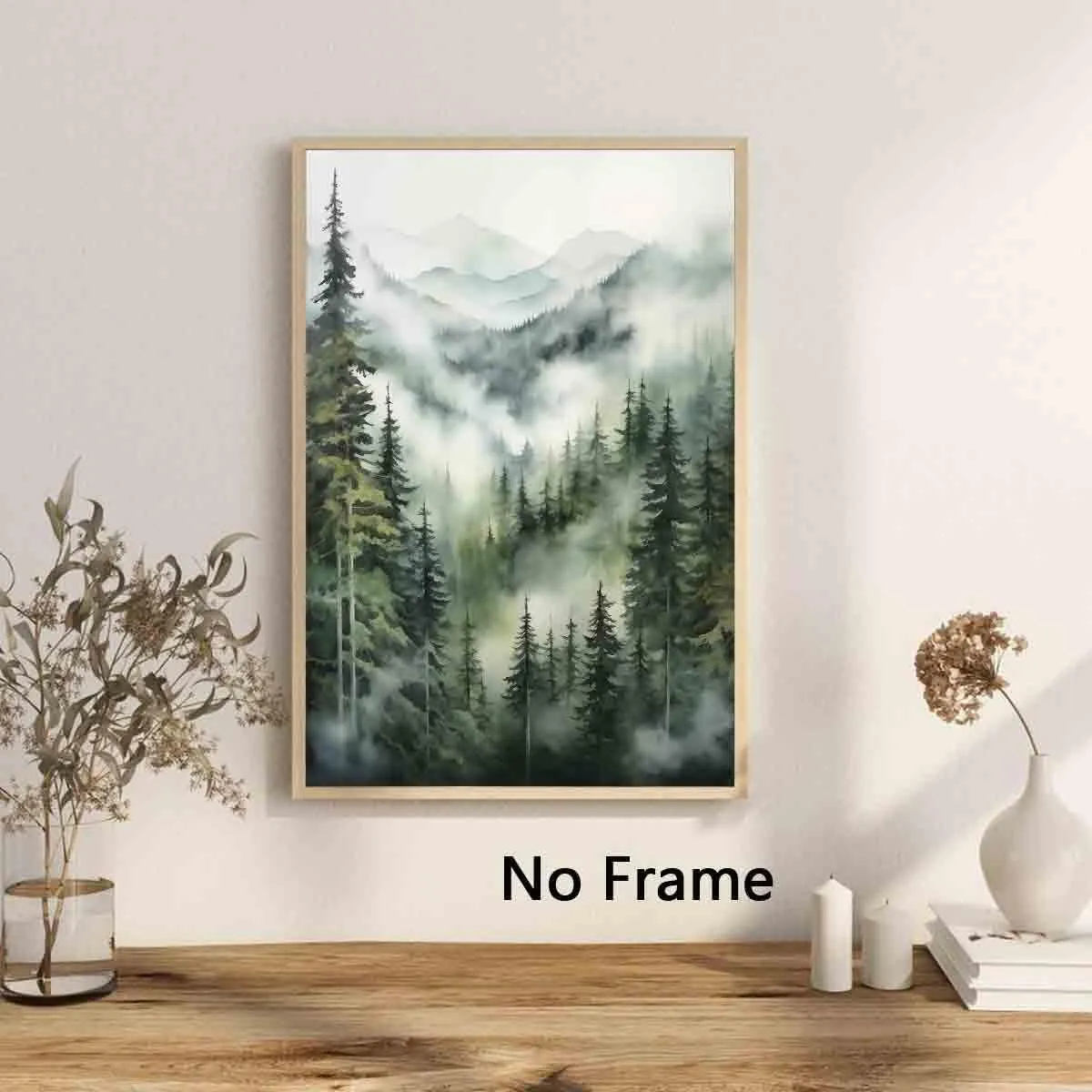 Misty Forest Watercolor Poster - Mountain & Forest Landscape, Foggy Trees, 16x24inch No Frame