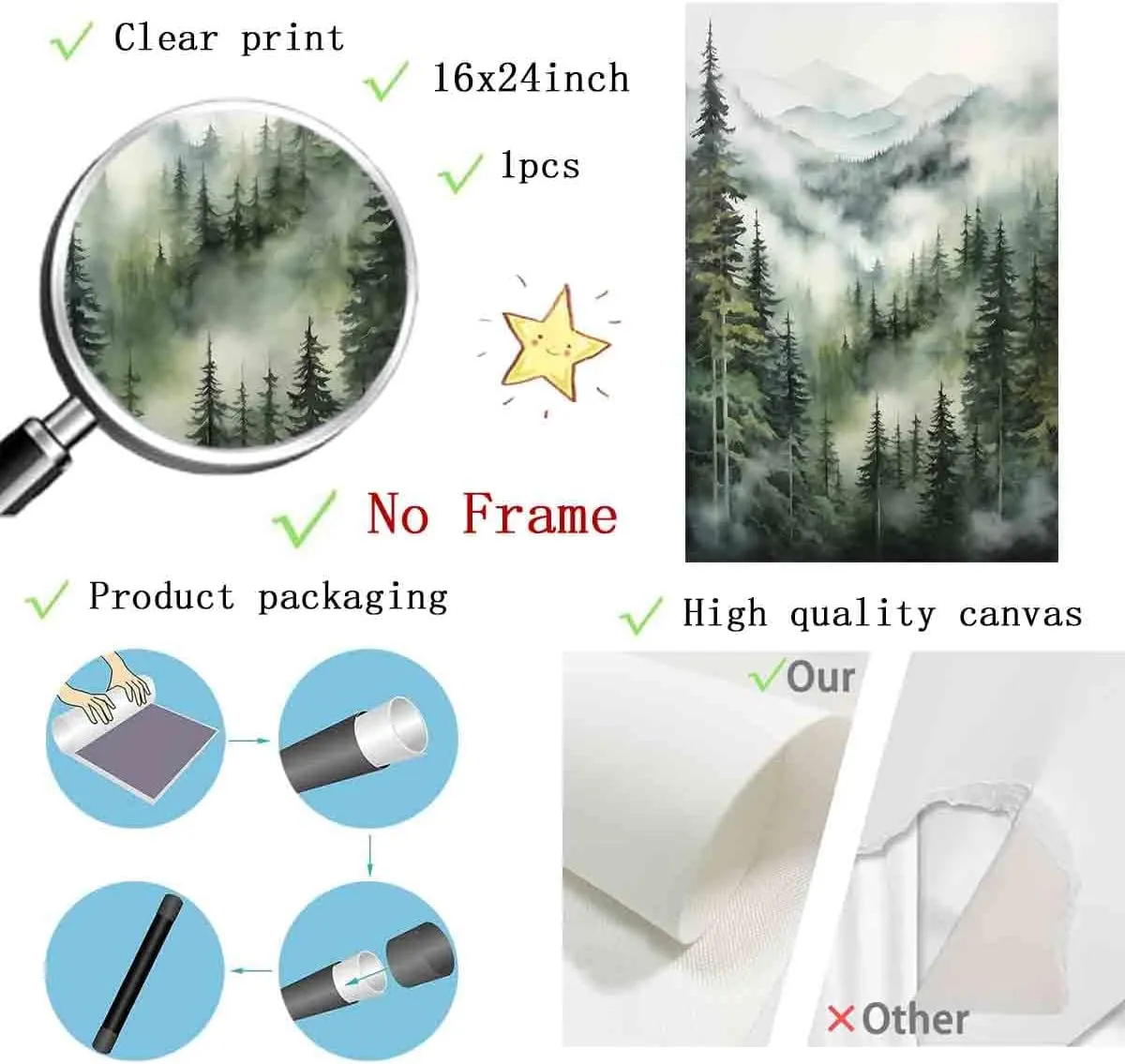 Misty Forest Watercolor Poster - Mountain & Forest Landscape, Foggy Trees, 16x24inch No Frame
