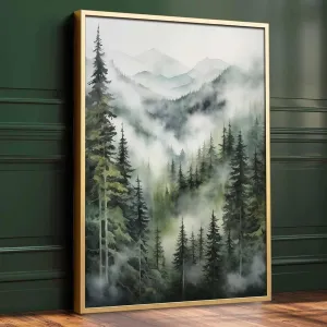 Misty Forest Watercolor Poster - Mountain & Forest Landscape, Foggy Trees, 16x24inch No Frame