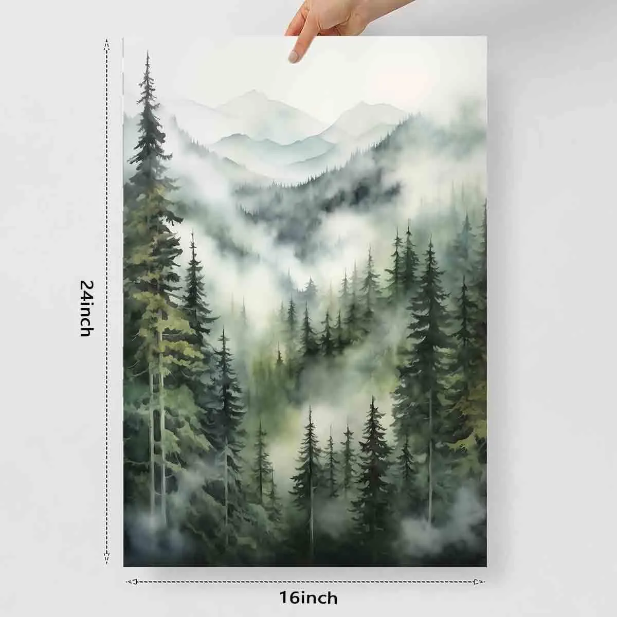 Misty Forest Watercolor Poster - Mountain & Forest Landscape, Foggy Trees, 16x24inch No Frame