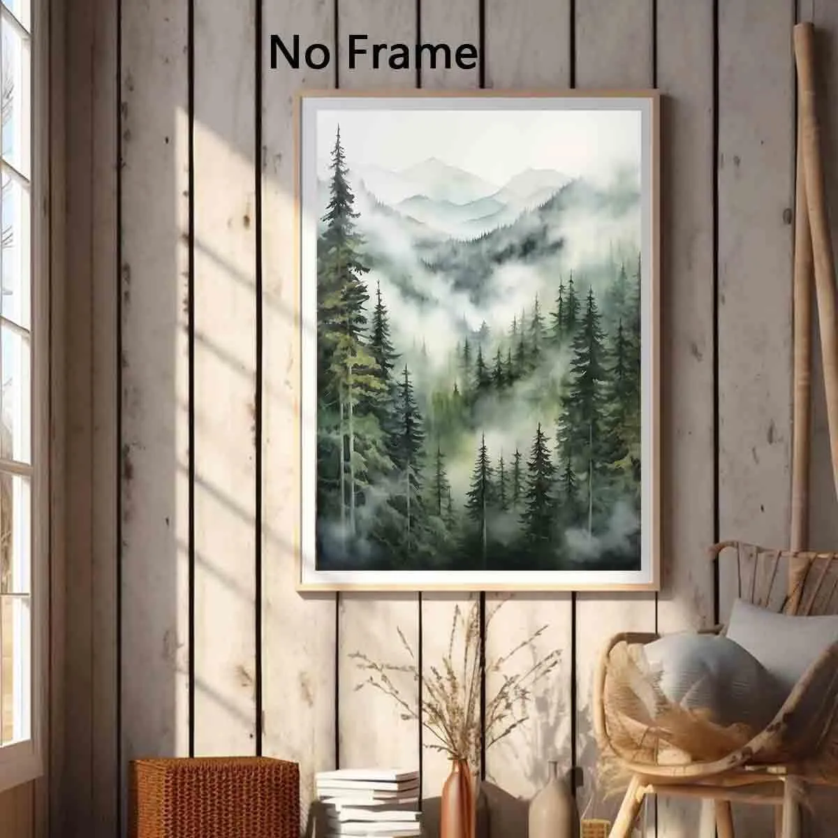 Misty Forest Watercolor Poster - Mountain & Forest Landscape, Foggy Trees, 16x24inch No Frame