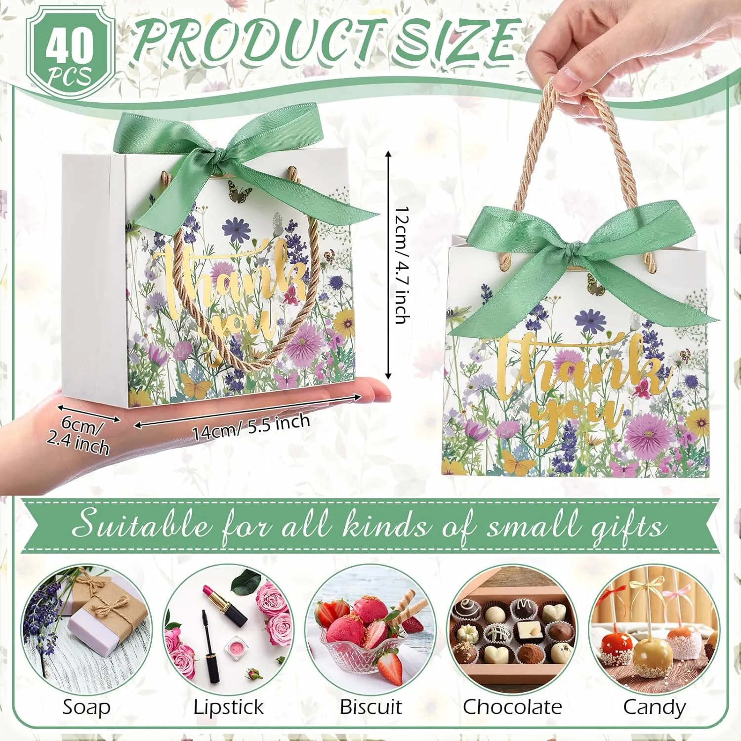 Moinchore 40 Pack Thank You Gift Bags with Handles Small Treat Boxes Thank You Party Favor Bags Mini Floral Gift Bags Bulk for Easter Wedding Birthday Party Supplies(Wild Floral)