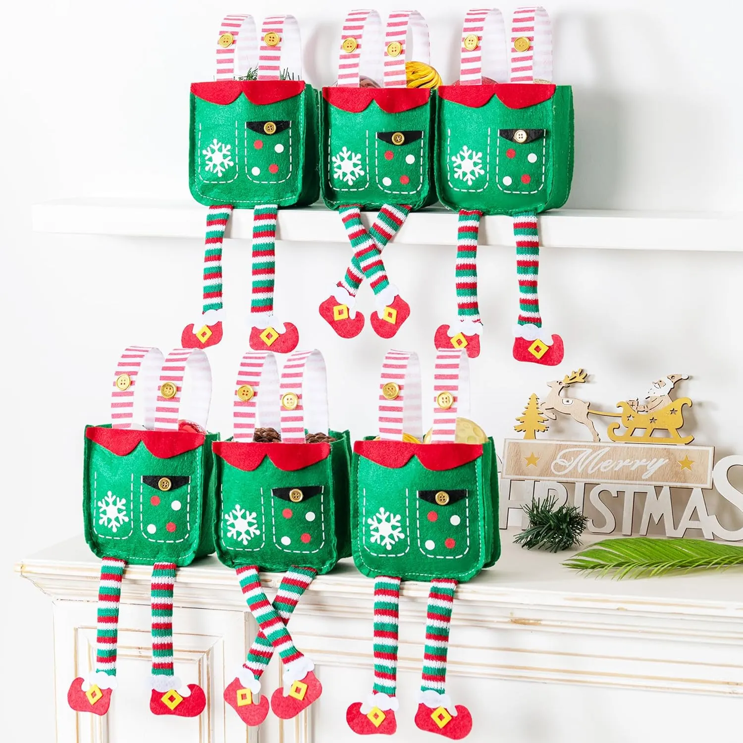 MOSHAKALA Christmas mini Gift Bags, Elf shirt Christmas Treat Bags, Set of 6 Gift Bags for Children Holiday Parties Teachers Decorations (ELF)