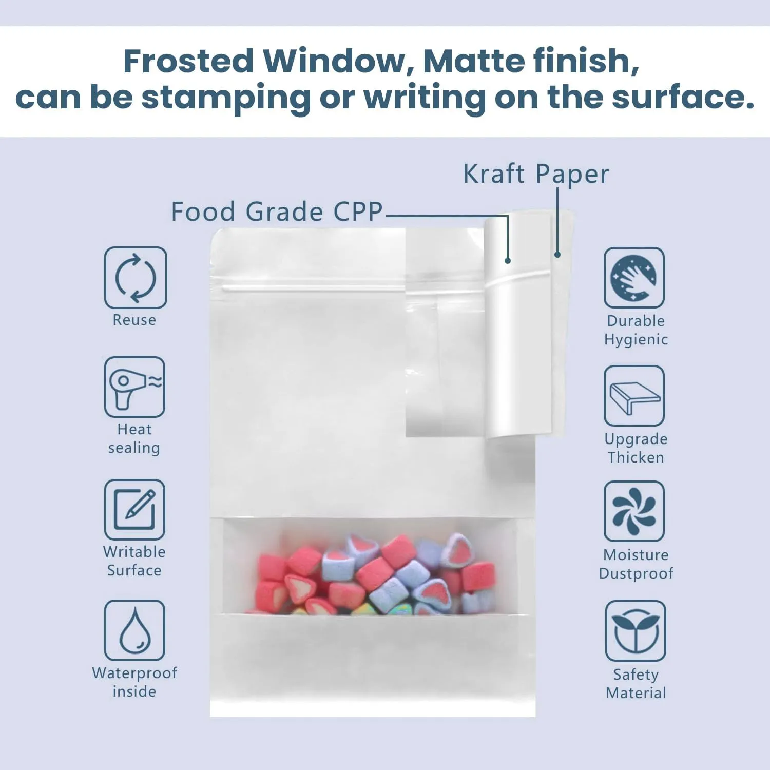 Muka 50 PCS 16 OZ White Kraft Mylar Bags Toaster Bags with Frosted Window, Heat Sealable, 8"W x 12"H x 4"D