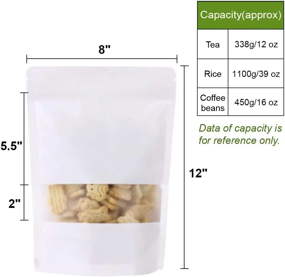 Muka 50 PCS 16 OZ White Kraft Mylar Bags Toaster Bags with Frosted Window, Heat Sealable, 8"W x 12"H x 4"D