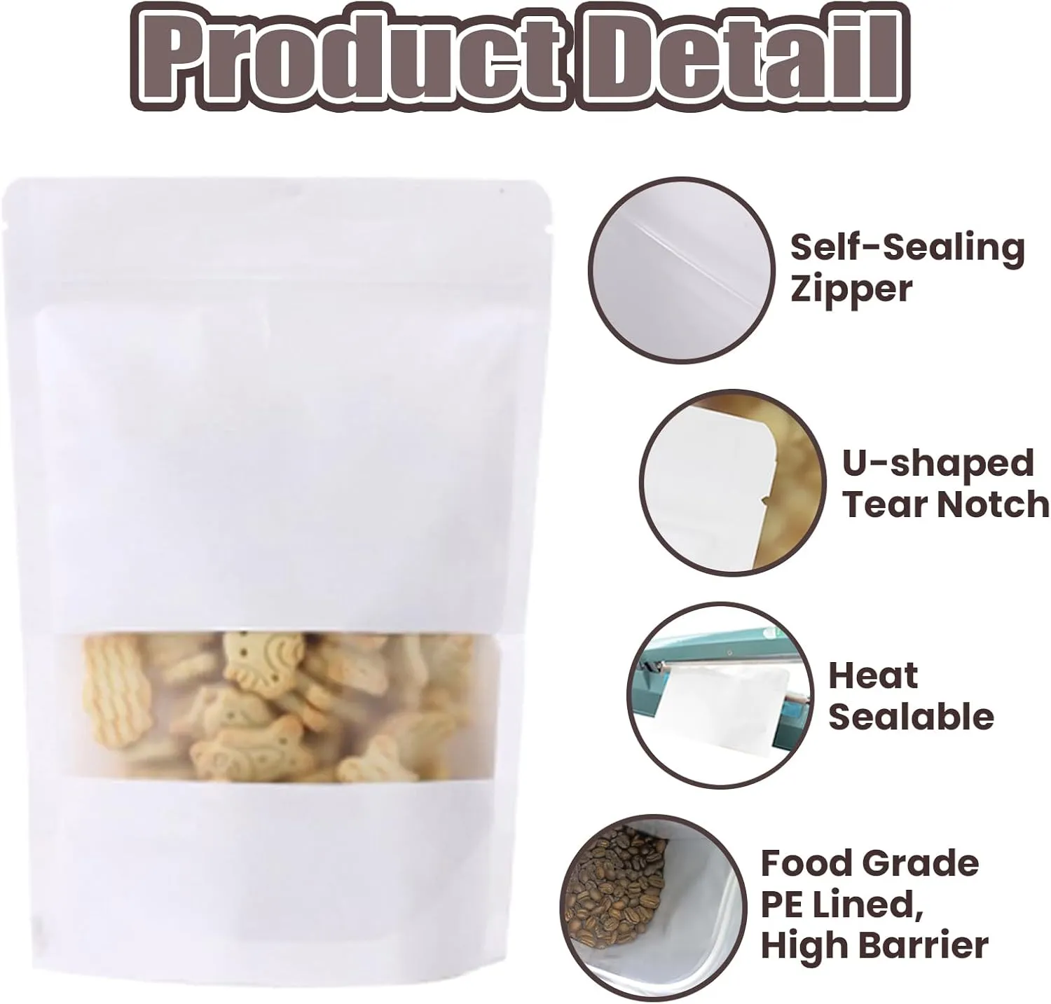 Muka 50 PCS 16 OZ White Kraft Mylar Bags Toaster Bags with Frosted Window, Heat Sealable, 8"W x 12"H x 4"D