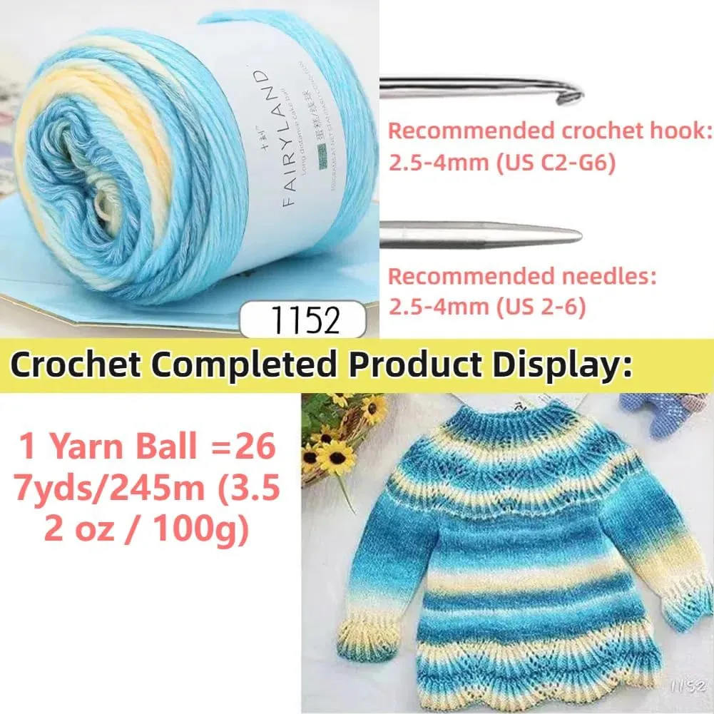 Multicolour Yarn for Crochet Knitting, Gradient Color Rainbow Yarn, 60%Cotton 30rylic 10%Wool-Blend Yarn, 1 Ball 100g, Soft Cake Yarn, Crochet Yarn for Scarves, Shawls and Garments (1152H, 3 Balls)