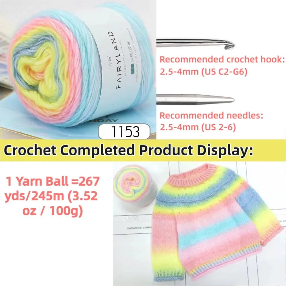 Multicolour Yarn for Crochet Knitting, Gradient Color Rainbow Yarn, 60%Cotton 30rylic 10%Wool-Blend Yarn, 1 Ball 100g, Soft Cake Yarn, Crochet Yarn for Scarves, Shawls and Garments (1153A, 3 Balls)