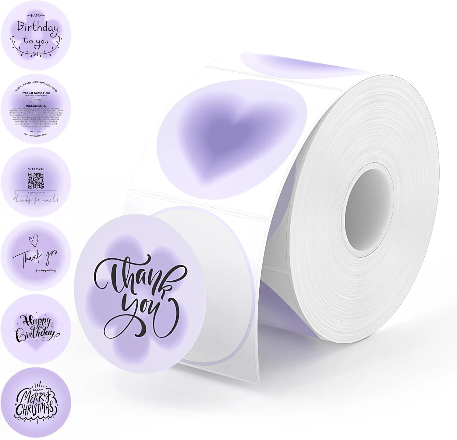 MUNBYN 2 Inch Purple Circle Thermal Labels, Round Stickers, 6 Shapes in One Roll, Thermal Label Stickers for Jar, Baking, 750 Sheets/1 Roll