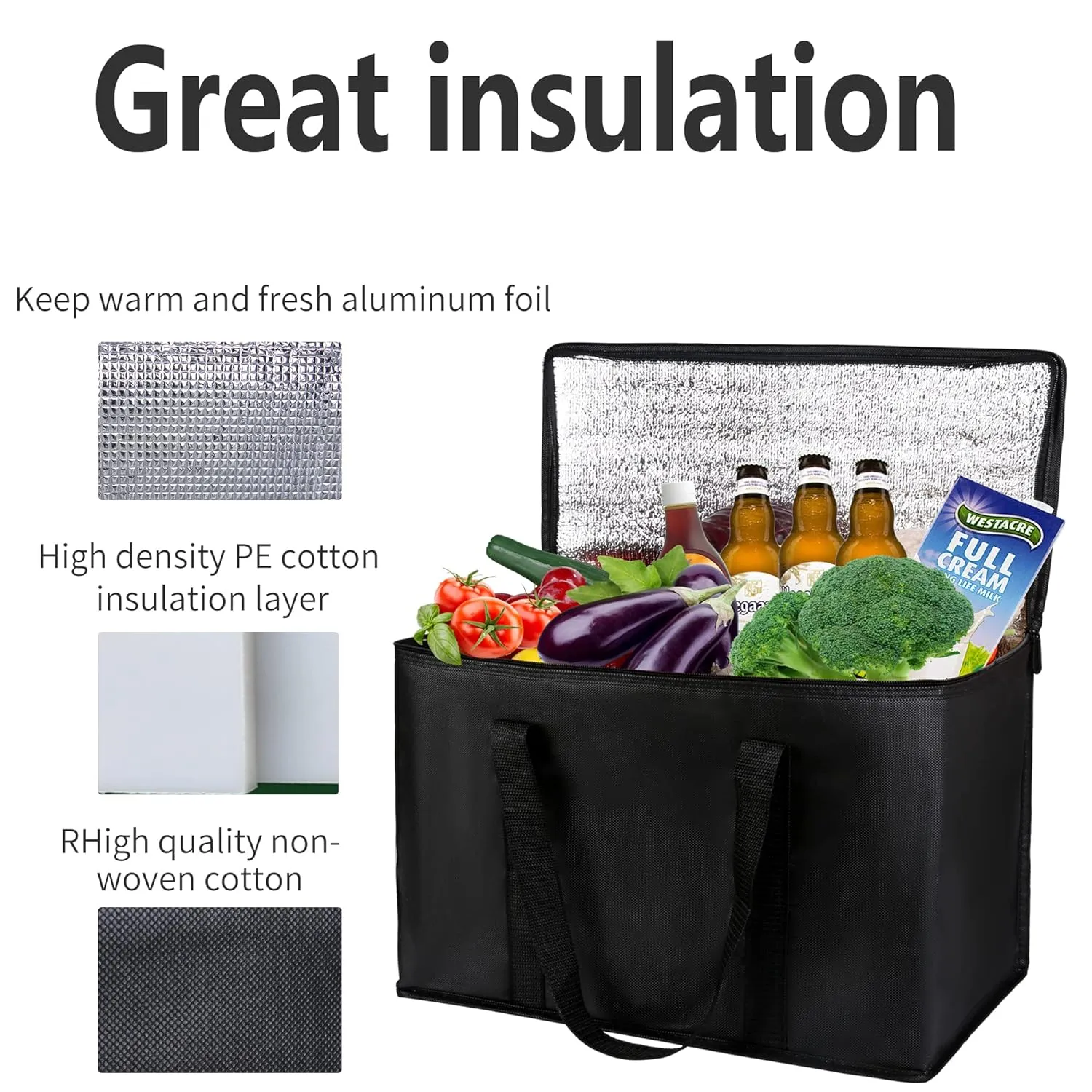 musbus 2-Pack, XL-Large Insulated Grocery shopping bags, Black, reusable bag,thermal zipper,Collapsible,tote,cooler,food transport hot and cold,camping,Recycled Material delivery groceries