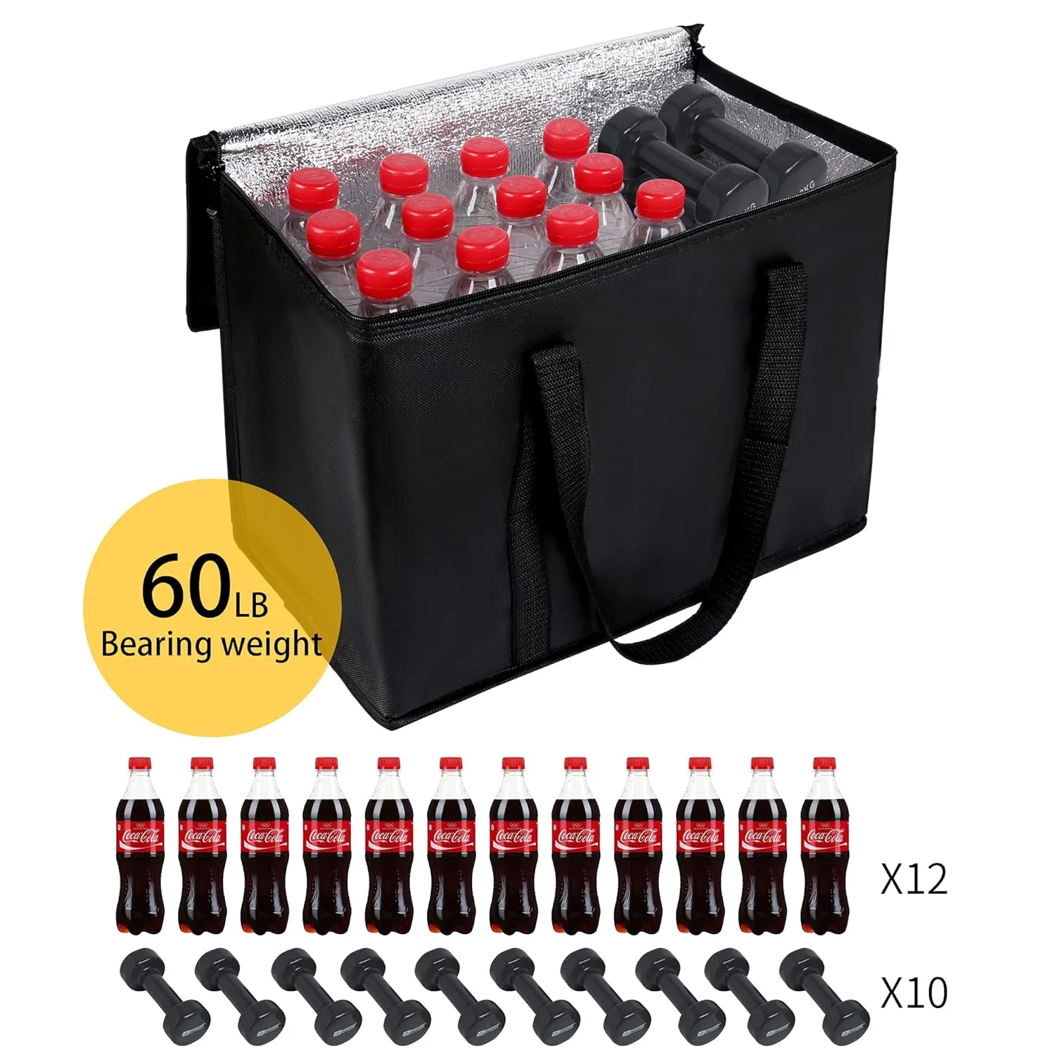musbus 2-Pack, XL-Large Insulated Grocery shopping bags, Black, reusable bag,thermal zipper,Collapsible,tote,cooler,food transport hot and cold,camping,Recycled Material delivery groceries