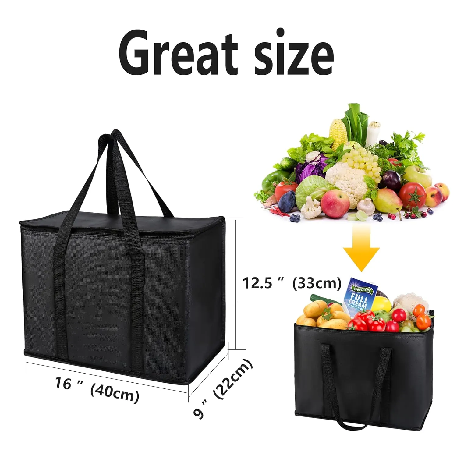 musbus 2-Pack, XL-Large Insulated Grocery shopping bags, Black, reusable bag,thermal zipper,Collapsible,tote,cooler,food transport hot and cold,camping,Recycled Material delivery groceries