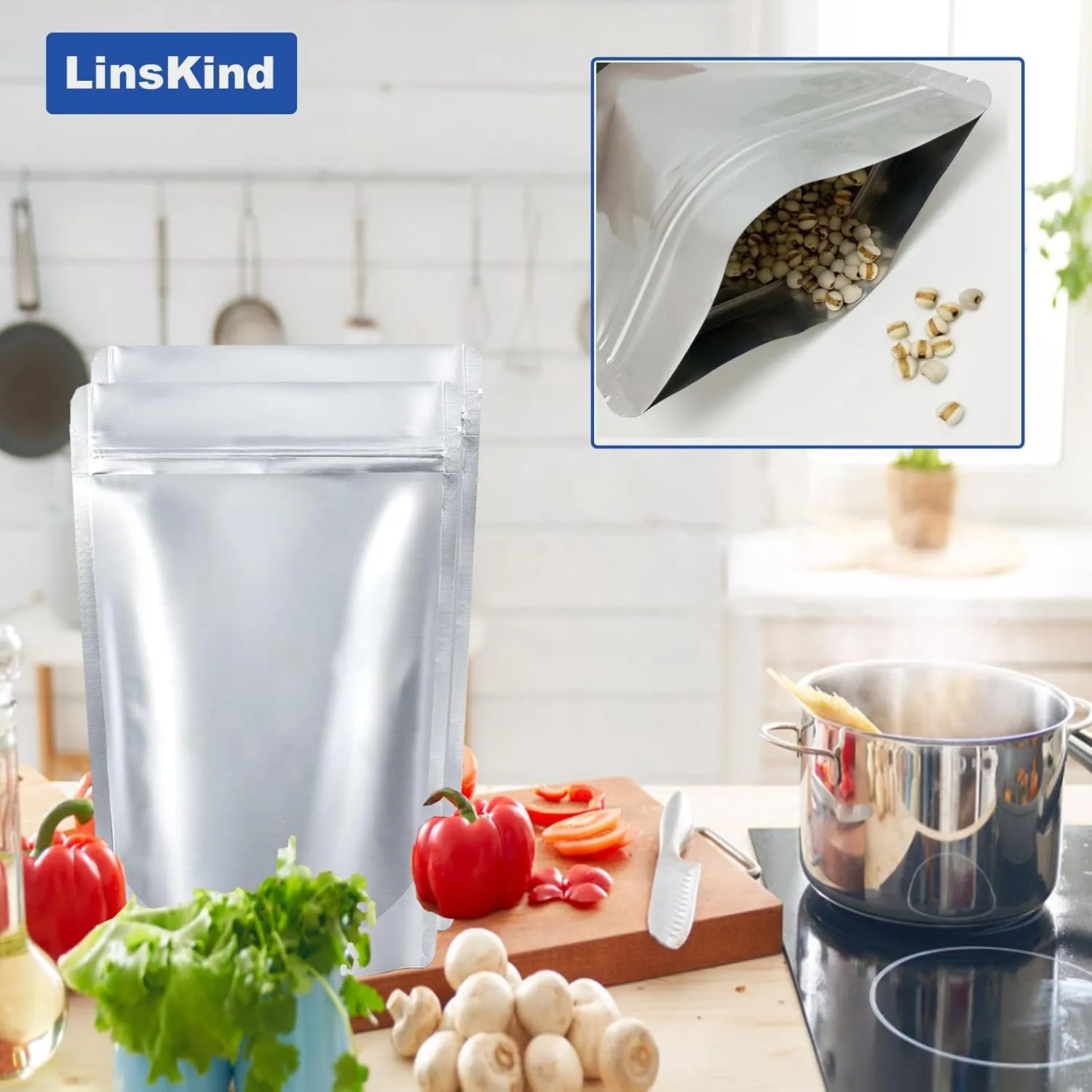 Mylar Bags, 50Pcs Mylar Bags with Oxygen Absorbers (50x500cc), 7"x10" 1 Quart Resealable Mylar Bag Food Bag for Long Term Food Storage, Smell Proof Stand-up Mylar Bag