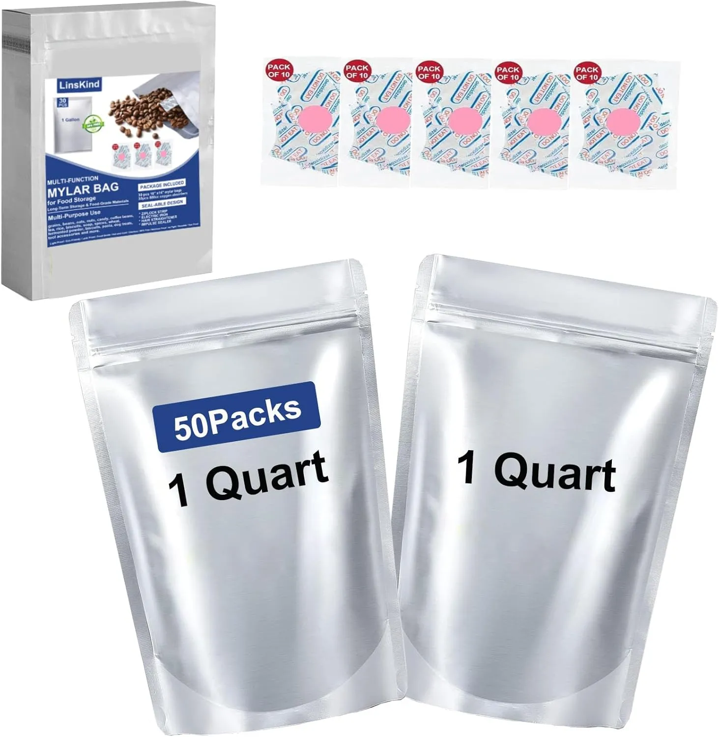 Mylar Bags, 50Pcs Mylar Bags with Oxygen Absorbers (50x500cc), 7"x10" 1 Quart Resealable Mylar Bag Food Bag for Long Term Food Storage, Smell Proof Stand-up Mylar Bag