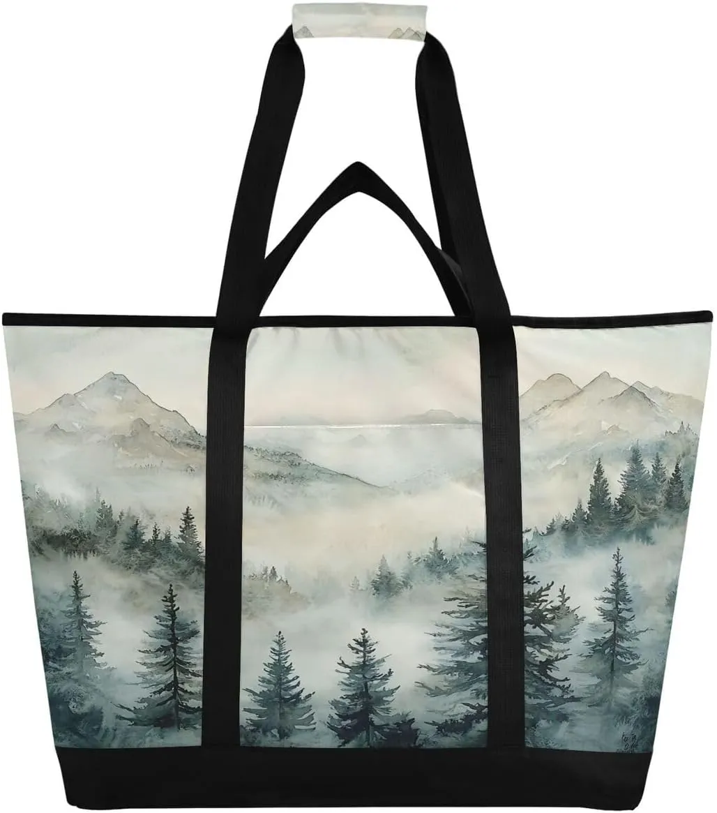 Nander Dark Green Mountain Range Large Insulated Cooler Bag,Foldable Reusable Grocery Bag Tote Bag,Perfect Thermal Bag Lunch Bag for Shopping Work Picnic Camping