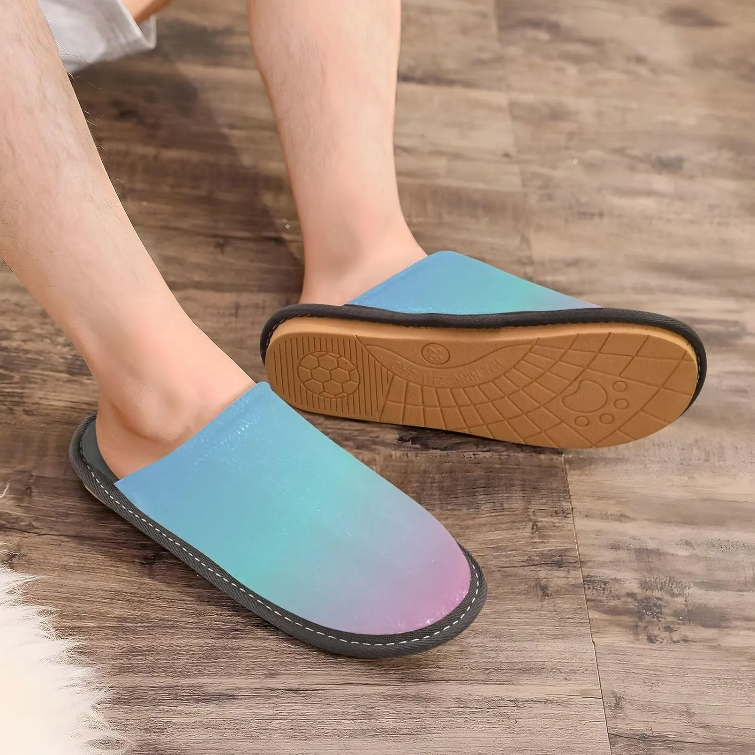 Navy Blue Green Gradient House Slippers for Women Men Non-Slip Winter Slippers