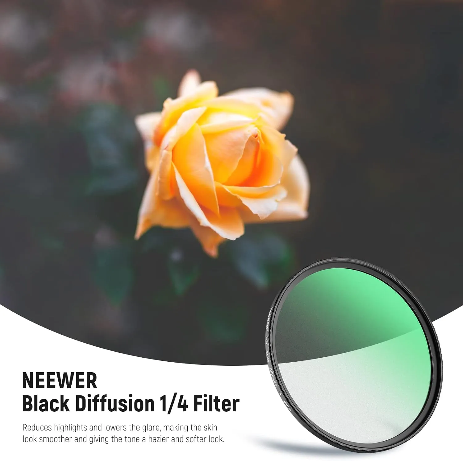 NEEWER 58mm Black Diffusion 1/4 Filter Mist Dreamy Cinematic Effect Filter Ultra Slim Water Repellent Scratch Resistant HD Optical Glass, 30 Layers Nano Coatings for Video/Vlog/Portrait Photography