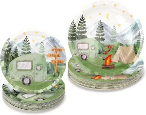 Nefelibata 50 pcs One Happy Camper Disposable Paper Plates with Sage Green Camp Van Camping Birthday Favors Bachelorette Happy Camper for Boys Girls Outdoor Party Table Food Tray