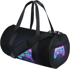 Neon Light Gamepad Colorful Turquoise Purple Pink Gradient Duffel Bag, Foldable Canvas Travel Tote for Gym Sports with Inner Pockets, Durable Lightweight Fitness Bag for Overnight Workout