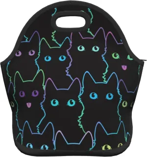 Nerxy Cat Insulated Neoprene Lunch Bag Cute Cats Small Tote For Kids Adults Black Thermal Sack Art Reusable Container School Picnic Camping Outdoors, 11.4x5.5x11 In (catBDB230408)