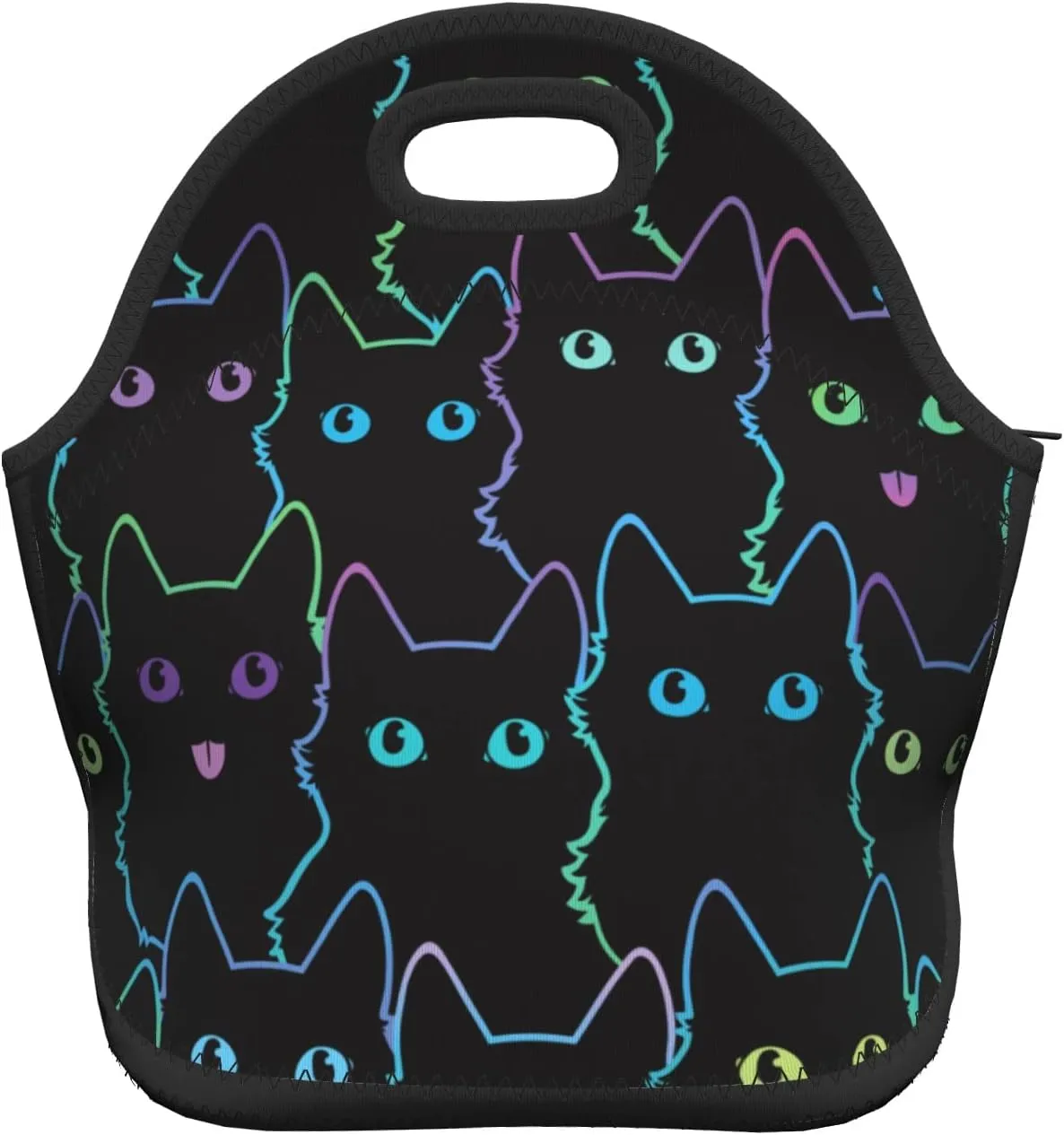 Nerxy Cat Insulated Neoprene Lunch Bag Cute Cats Small Tote For Kids Adults Black Thermal Sack Art Reusable Container School Picnic Camping Outdoors, 11.4x5.5x11 In (catBDB230408)