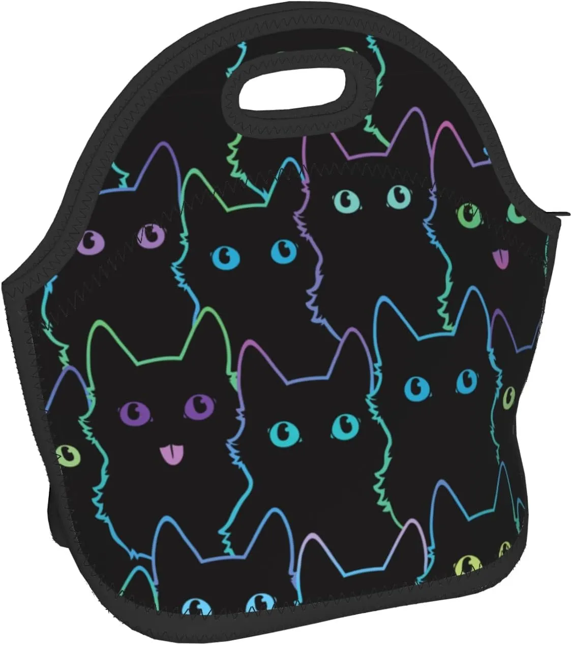 Nerxy Cat Insulated Neoprene Lunch Bag Cute Cats Small Tote For Kids Adults Black Thermal Sack Art Reusable Container School Picnic Camping Outdoors, 11.4x5.5x11 In (catBDB230408)