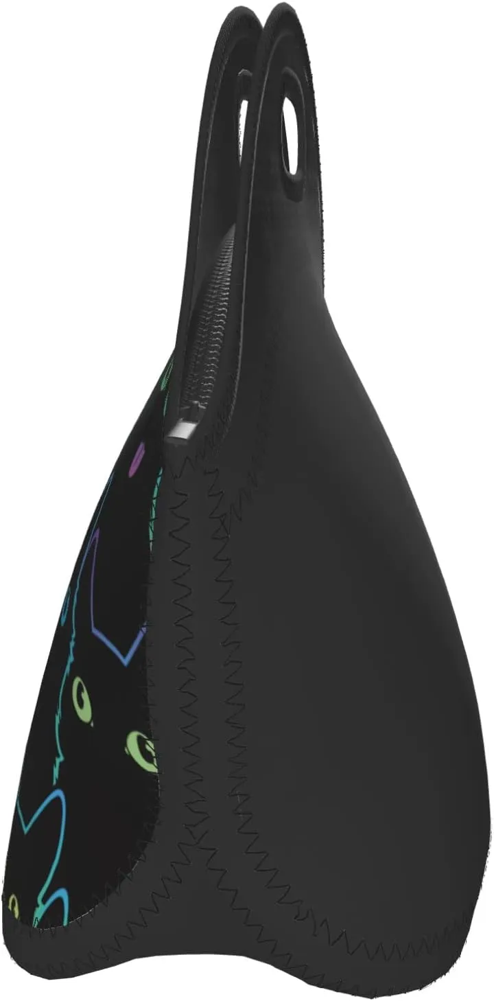 Nerxy Cat Insulated Neoprene Lunch Bag Cute Cats Small Tote For Kids Adults Black Thermal Sack Art Reusable Container School Picnic Camping Outdoors, 11.4x5.5x11 In (catBDB230408)