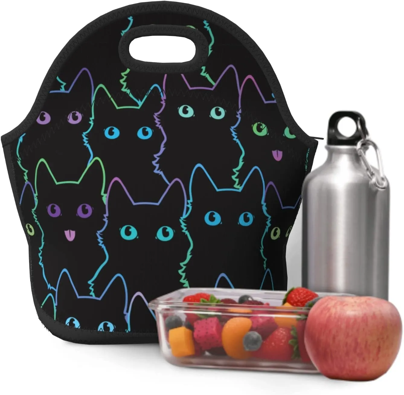 Nerxy Cat Insulated Neoprene Lunch Bag Cute Cats Small Tote For Kids Adults Black Thermal Sack Art Reusable Container School Picnic Camping Outdoors, 11.4x5.5x11 In (catBDB230408)
