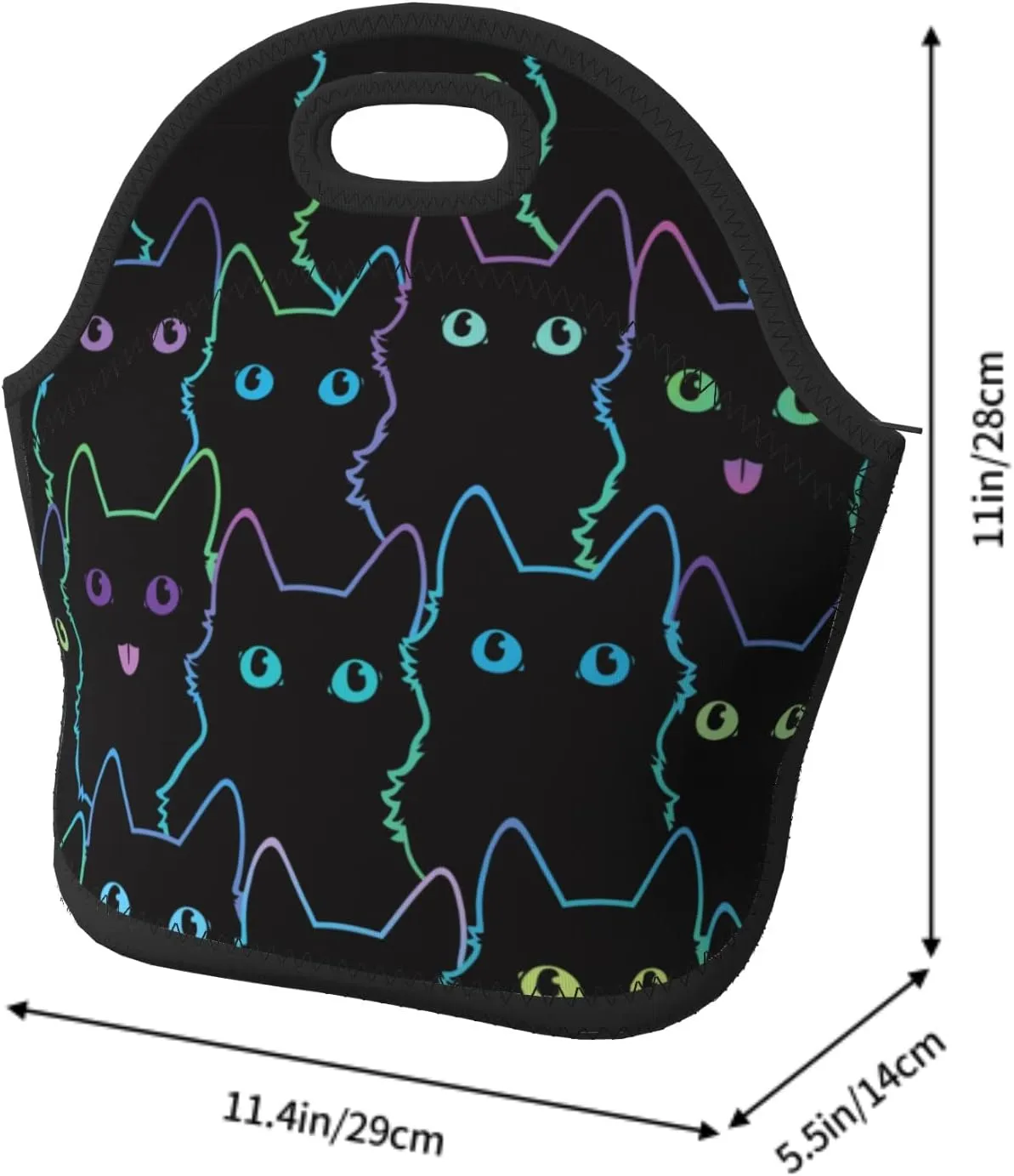 Nerxy Cat Insulated Neoprene Lunch Bag Cute Cats Small Tote For Kids Adults Black Thermal Sack Art Reusable Container School Picnic Camping Outdoors, 11.4x5.5x11 In (catBDB230408)