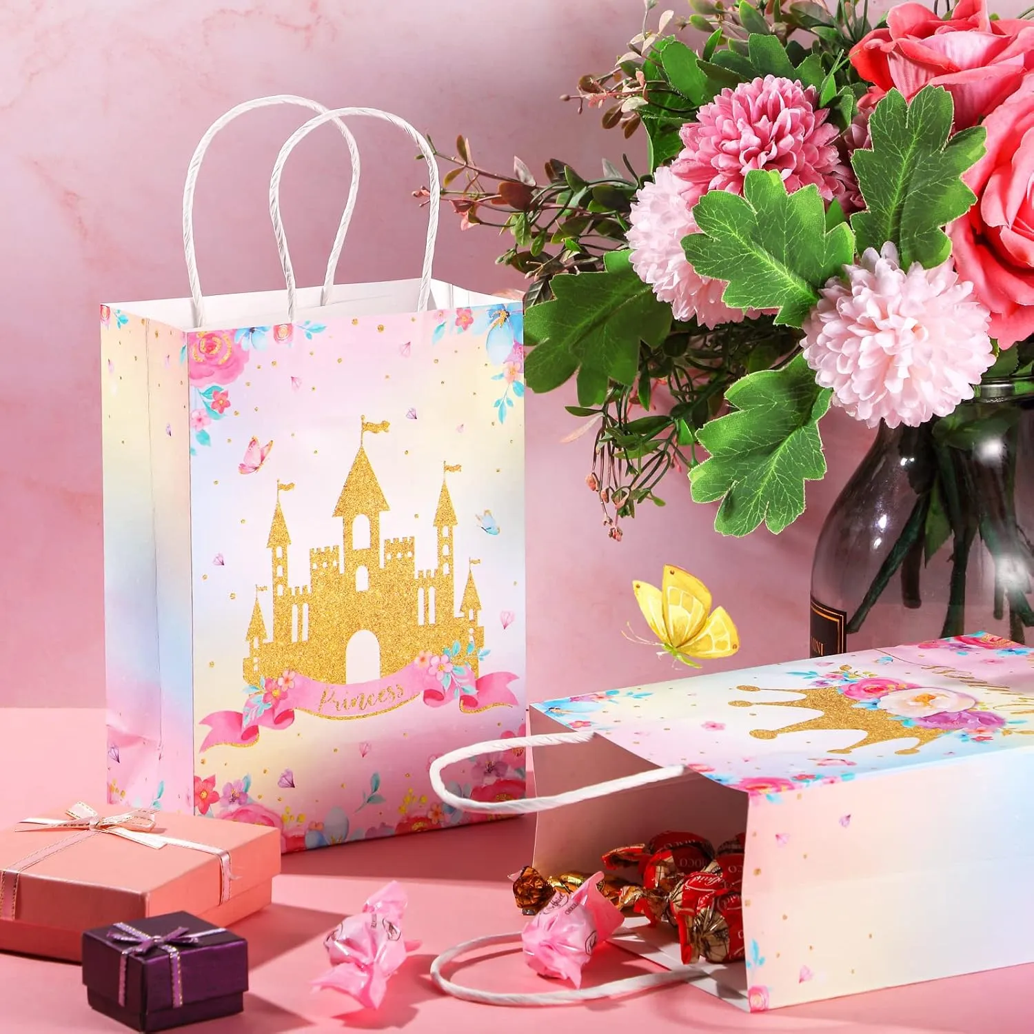 Nezyo 16 Pcs Princess Prince Party Favor Bags Prince Princess Goodie Gift Candy Bags for Birthday Baby Shower Party Favors (Pink Crown and Castle)