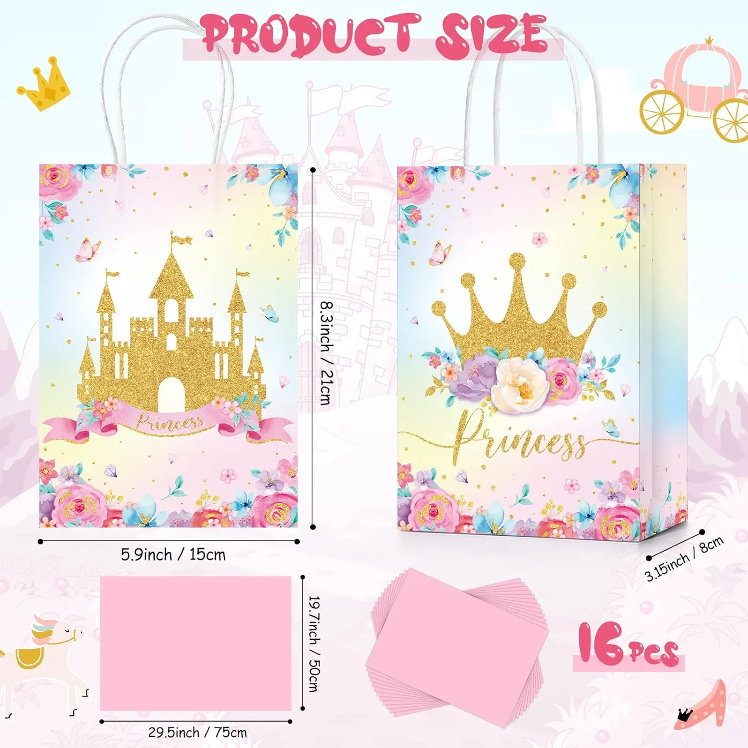 Nezyo 16 Pcs Princess Prince Party Favor Bags Prince Princess Goodie Gift Candy Bags for Birthday Baby Shower Party Favors (Pink Crown and Castle)